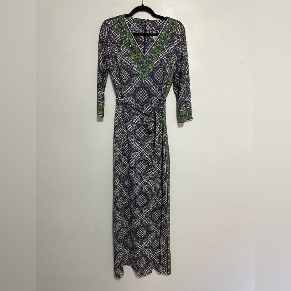 1970s Geometric Pattern Polyester Long Sleeve Maxi Dress